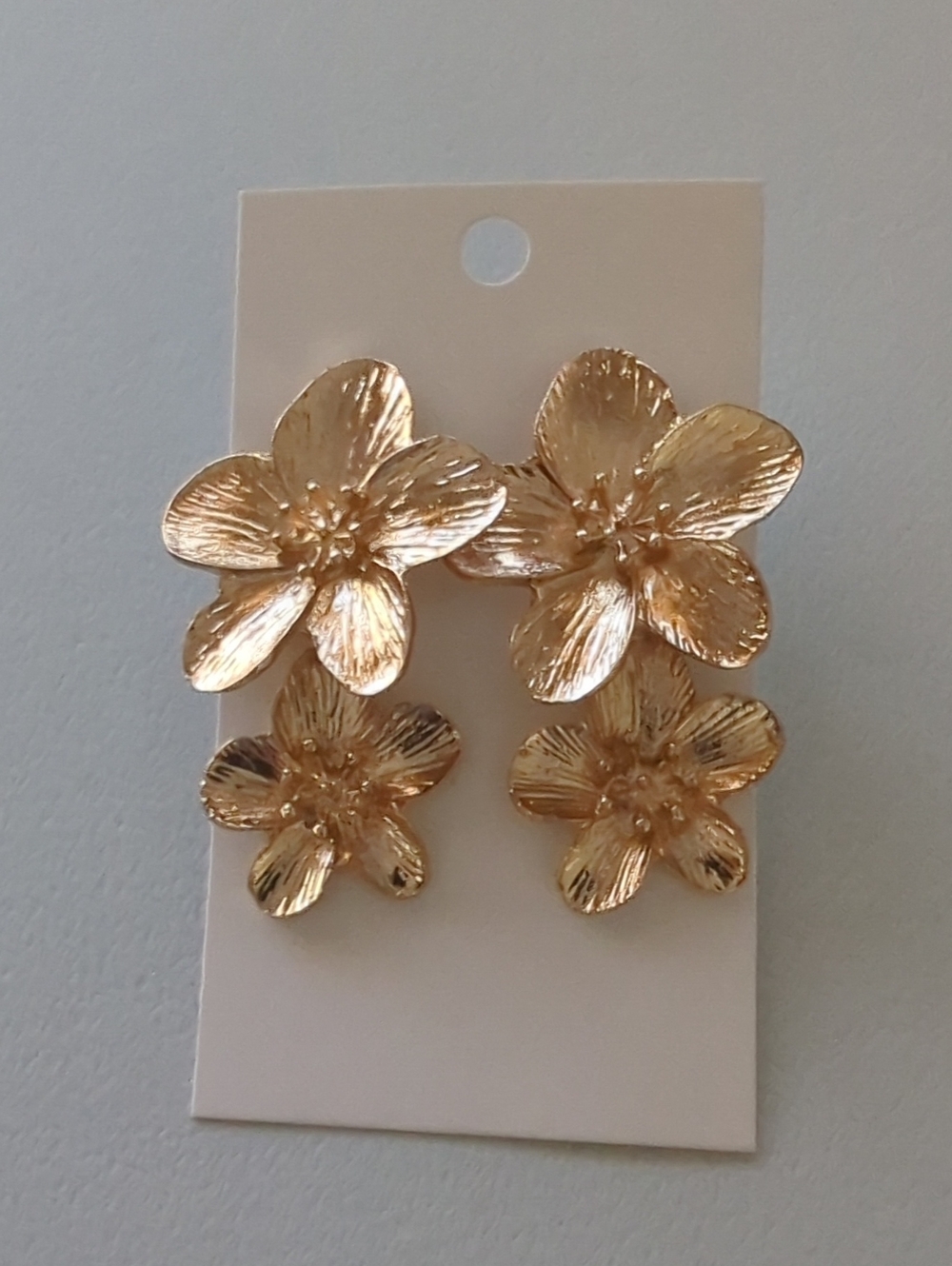 Gold Floral Double Drop Earrings - Sculpted Petal Design
